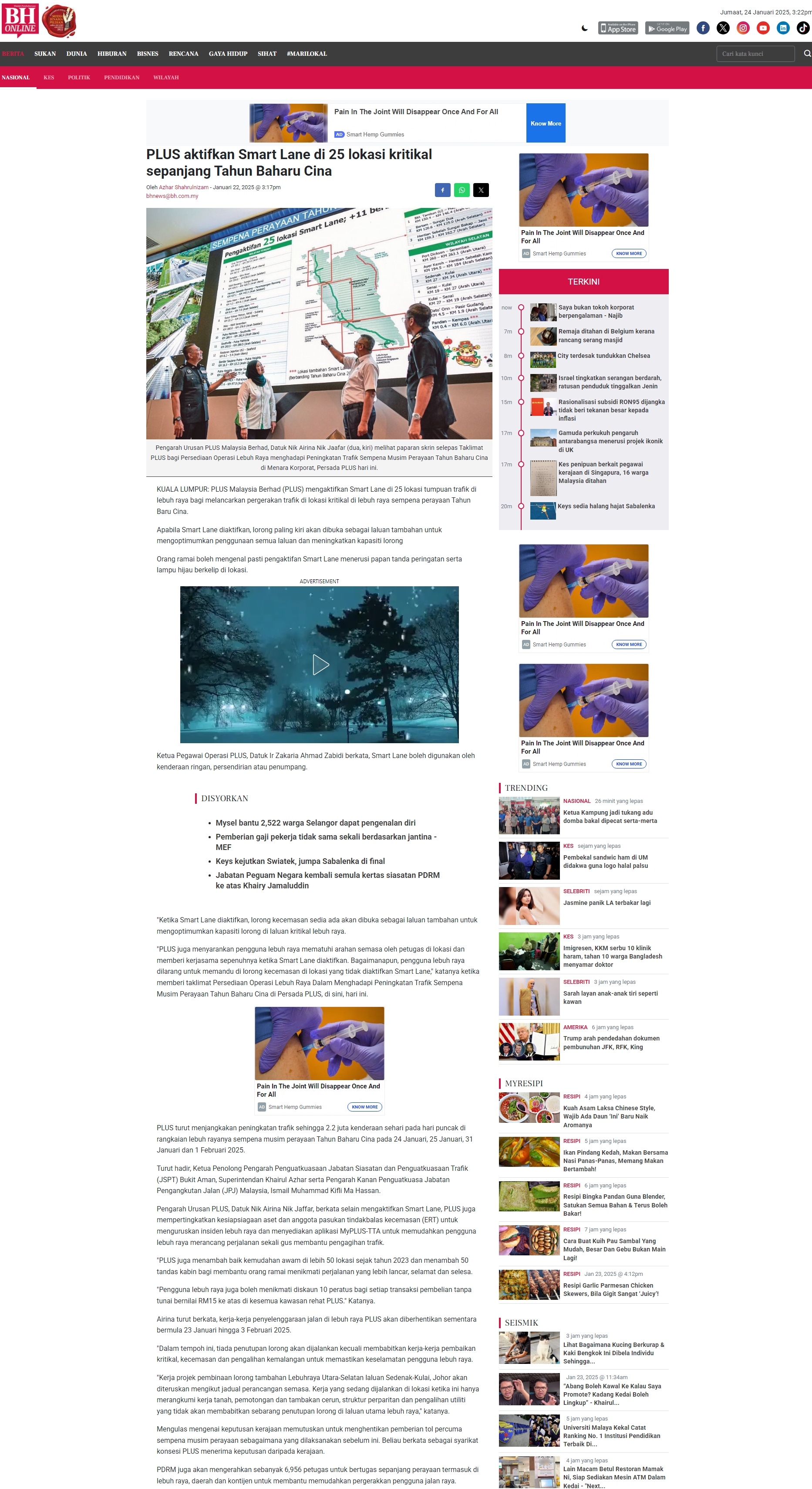 22 Januari 2025, Kuala Lumpur - PLUS aktifkan Smart Lane di 25 lokasi kritikal sepanjang Tahun Baharu Cina (Berita Harian Online)